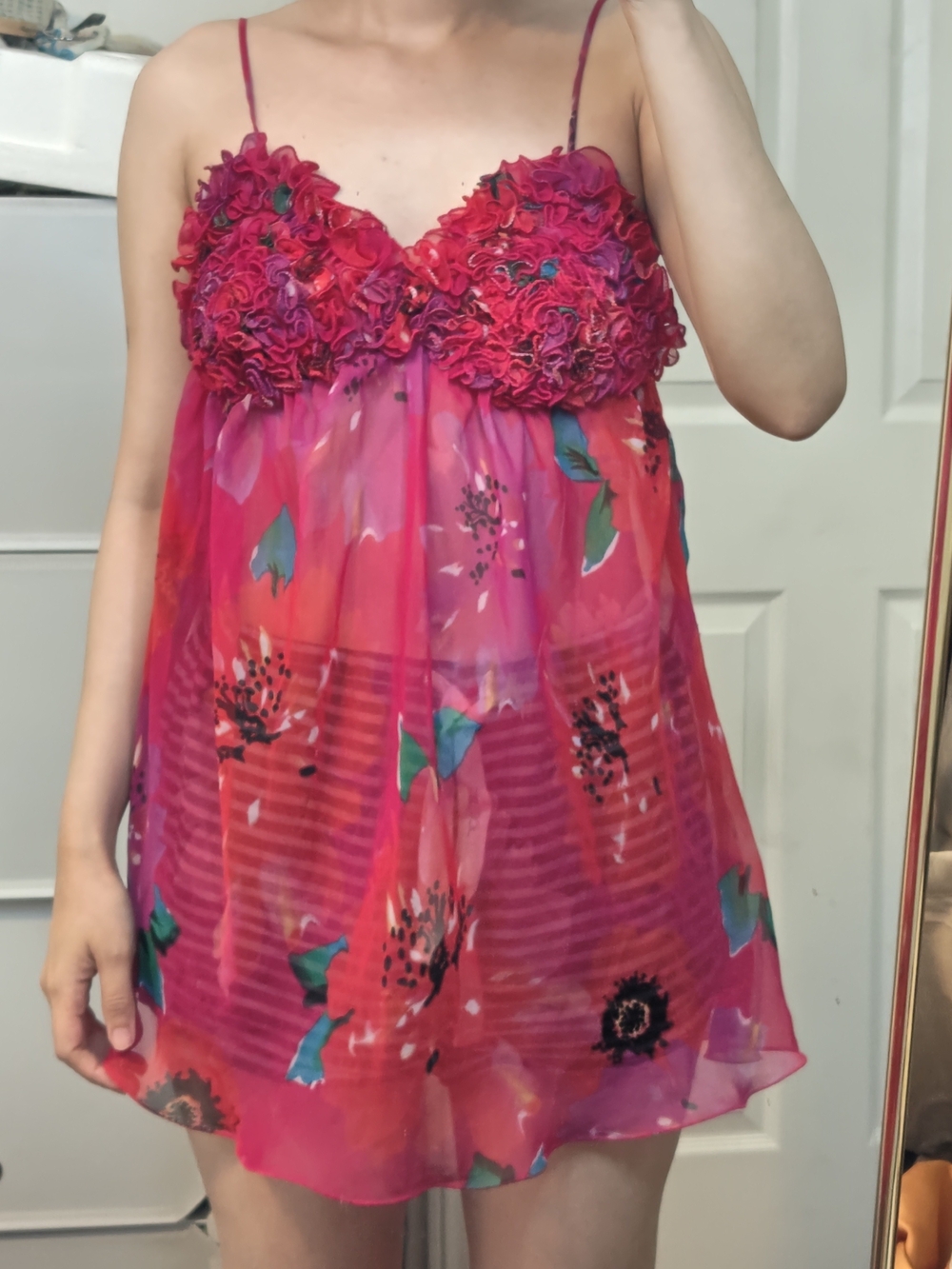 Vintage La SENZA Y2K Hot Pink  Floral Ruffled Sheer Mesh Babydoll Chemise Size M - Picture 14 of 14